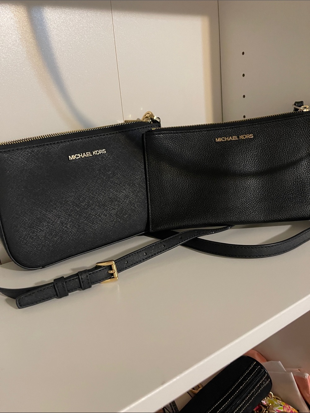 Michael Kors Black Leather Double Pouch Crossbody with Gold Hardware